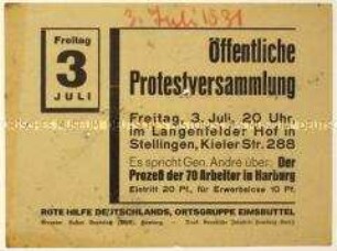 Ankündigung einer Versammlung der Roten Hilfe Deutschlands in Stellingen