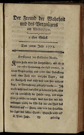 21stes Stück. Den 30ten July 1773.