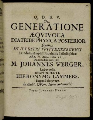 De Generatione Aequivoca : Diatribe Physica Posterior