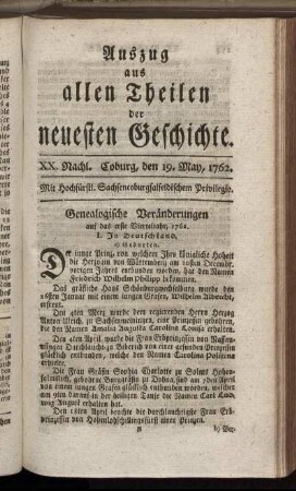 XX. Nachl. Coburg, den 19. May, 1762.