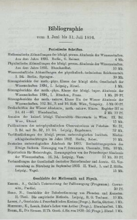 Bibliographie vom 1. Juni bis 31. Juli 1894.