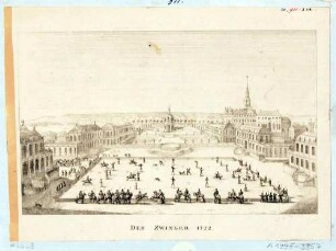 Der Zwinger in Dresden mit Darstellung eines Reit- und Jagdturniers im Jahr 1722, Blick nach Norden, Blatt Teil der Chronik, Grimmerschen Buchhandlung Dresden 1835