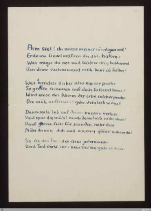 [Shakespeare, Sonnette: Umdichtungen] - [Handschrift] - Arm seel! du mitte meiner sündigen erd' (CXLVI) - StGA-George I,1201 : [SW XII: H2]; [SW XII, S. 152/253-254]