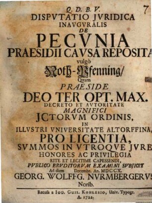 Disputatio Jvridica Inavgvralis De Pecvnia Praesidii Cavsa reposita, Vulgò Noth-Pfenning