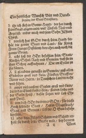 Ein hertzlicher Wunsch Bitt vnd Danck=||sagung der Statt Straßburg. ||