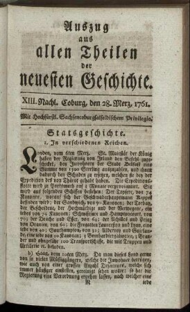 XIII. Nachl. Coburg, den 28. Merz, 1761.