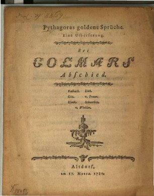 Pythagoras goldene Sprüche : Eine Uibersezung ; Bei Colmars Abschied