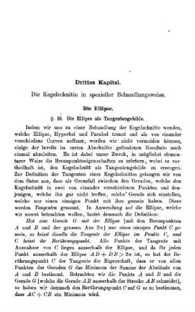 Die Kegelschnitte in spezieller Behandlungsweise. Drittes bis Fünftes Kapitel. Die Ellipse, Hyperbel und Parabel.
