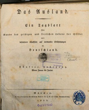 Das Ausland : Wochenschrift für Erd- und Völkerkunde. 5, 1. 1832