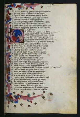 Textseite mit Initiale und Schmuckleiste, fol. 79r, : Ovidii metamorphoseon libri XV., Textseite mit Initiale und Schmuckleiste, fol. 79r, Italien, 14. Jh. Pergament, Wasserfarben, Blattgold, Tinte; 24 x 16,2 cm (Blattgröße). Dresden: SLUB Mscr.Dresd.Dc.144