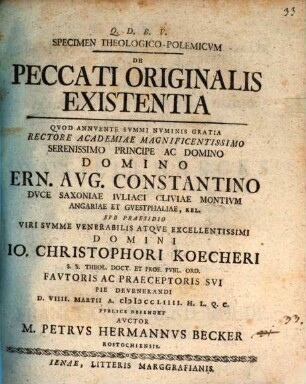 Specimen theologico-polemicum de peccati originalis existentia