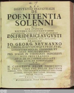 Dispvtatio Inavgvralis De Poenitentia Solenni