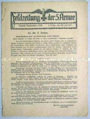 Nachrichtenblatt der 5. Armee mit Kurzmeldungen von verschiedenen Kriegsschauplätzen