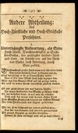 Andere Abtheilung: Auf Hoch-Fürstliche und Hoch-Gräfliche Persohnen
