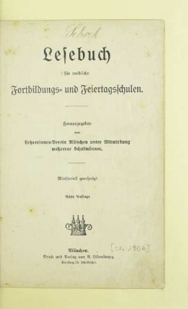 Lesebuch für weibliche Fortbildungs- und Feiertagsschulen