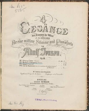4 Gesänge aus Stimmen der Völker : von J. G. Herder ; für 1 mittlere Stimme u. Pianoforte ; op. 58, 2. Darthula's Grabgesang (Ossian). - 7 S.