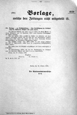 Anlage: (891), Vorlage, welche den Zeitungen nicht mitgeteilt ist, 18. Oktober 1929
