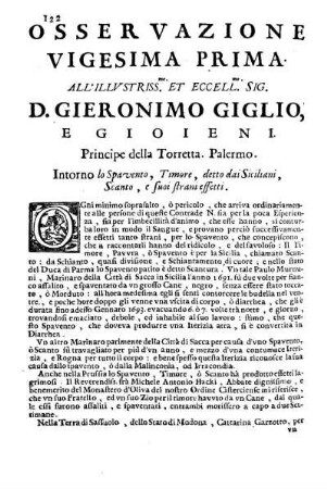 Osservazione Vigesima Prima all'Illustriss. et Eccell. Sig. D. Gieronimo Giglio e Gioieni ...
