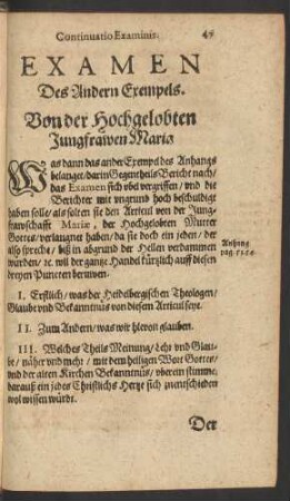 Examen des Andern Exempels. Von der Hochgelobten Jungfrawen Maria