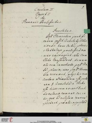 Seculum II Caput I de Romanis Pontificibus. Anacletus