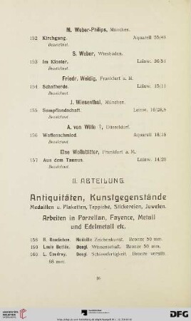 II. Abteilung. Antiquitäten, Kunstgegenstände, Medaillen u Plaketten, Teppiche, Stickereien, Juwelen (Nr. 158-501)