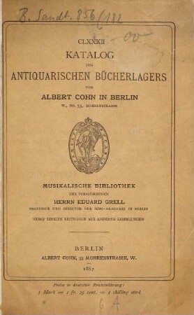 ...Catalog des antiquarischen Bücherlagers von Albert Cohn : [Auch m. franz. Tit.], 182