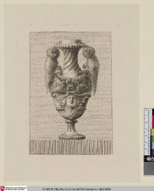 [Vase mit aus zwei Eulen gebildeten Griffen und Vogelnest über Mascaron]