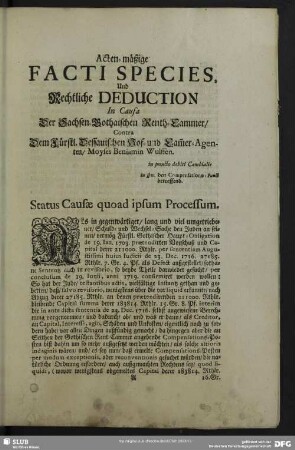 Acten-mäßige Facti Species, Und Rechtliche Deduction In Causa Der Sachsen-Gothaischen Renth-Cammer, Contra Dem Fürstl. Dessauischen Hof- und Cam[m]er-Agenten, Moyes Benjamin Wulffen