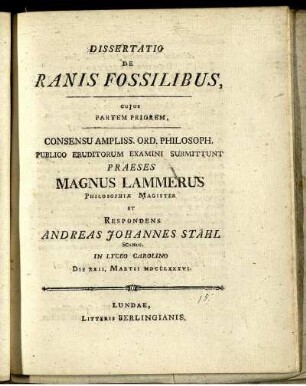 Dissertatio De Ranis Fossilibus