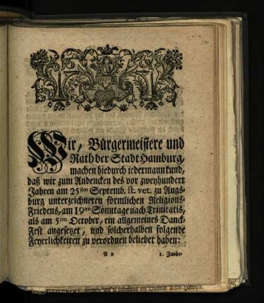 Wir, Bürgermeistere und Rath der Stadt Hamburg, ...