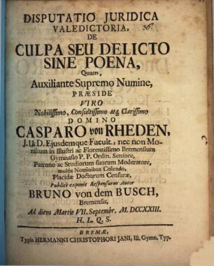 Disp. iur. de culpa seu delicto sine poena