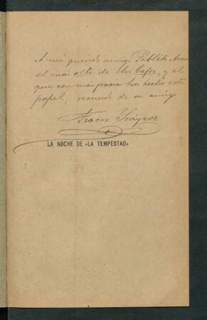 [Dedicatoria de Fiacro Yráyzoz a Pablo Arana escrita a mano]