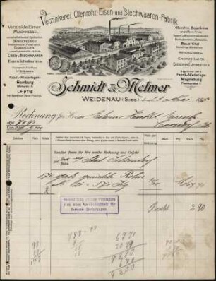 Firmenbriefkopf Schmidt & Melmer, Verzinkerei, Ofenrohr-, Eisen - und Blechwaaren - Fabrik