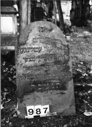 Grabstein 987 (Index: 99630489) Material: Sandstein Zustand: verwittert Maße HxBxT: 76x45x6 cm Beschreibung: Stele mit eingezogenem Rundbogenabschluß Symbolik: Zitat Hiob 8, 7: Grabstein 987