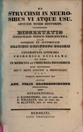 De strychnii in neurosibus vi atque usu : Adnexis morbi historiis ; Diss. inaug. med. therap.