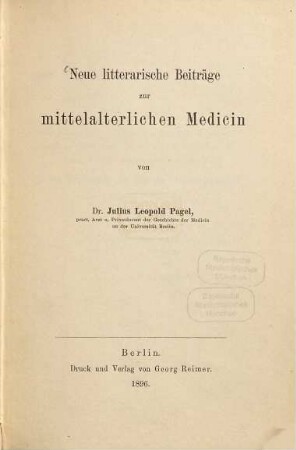 Neue litterarische Beiträge zur mittelalterlichen Medicin