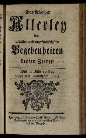 Den 15 Julii 1760. Neun und zwanzigstes Stück.