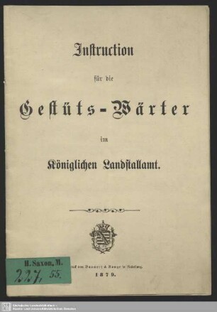 Instruction für die Gestüts-Wärter im Königlichen Landstallamt