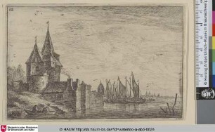 [Zwei Türme mit spitzen Dächern am Wasser; Two pointed towers]