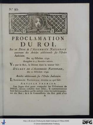 Proclamation Du Roi, Sur un Décret de l'Assemblée Nationale, contenant des Articles additionnels fur l'Ordre Judiciaire.
