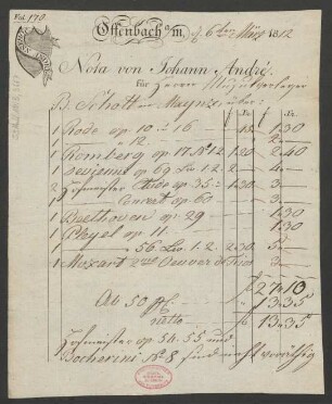 [Rechnung] Nota von Johann André : 06.03.1812