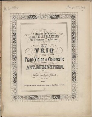 3.ième trio (Bdur) pour piano, violon et violoncelle : op. 52