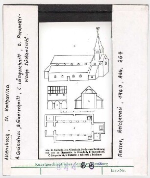 Allensbach: St. Katharina, Grundriss, Querschnitt, Längsschnitt, Perspektivische Südansicht