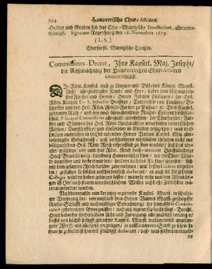 Commissions-Decret, Ihro Kayserl. Maj. Josephi, die Außmachung der hanoverischen Chur-Affairen concernirend