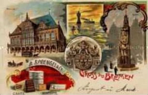 Werbepostkarte für Sprengel mit Bremen-Motiven
