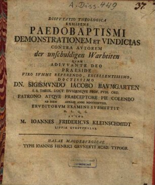 Dispvtatio Theologica Exhibens Paedobaptismi Demonstrationem Et Vindicias Contra Avtorem der unschuldigen Warheiten