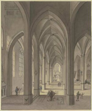 Blick in den Chor einer dreischiffigen gotischen Hallenkirche mit Staffagefiguren in der Tracht des 17. Jahrhunderts