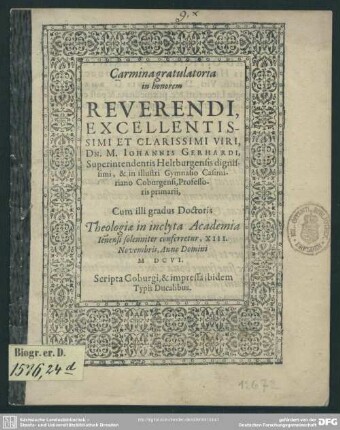Carmina gratulatoria in honorem ... Johannis Gerhardi superintendentis Heltburgensis