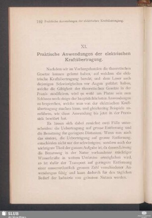 XI. Praktische Anwendungen der elektrischen Kraftübertragung