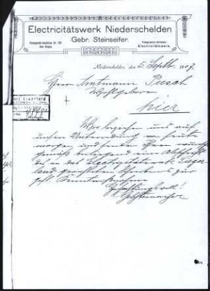 Firmenbriefkopf - Electrictätswerk - Niederschelden, Gebr. Steinseifen